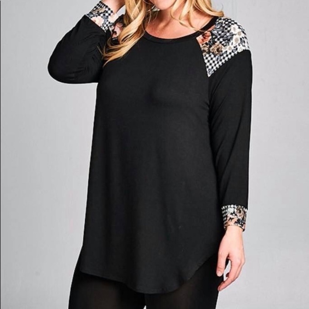Jersey Tunic Top Black with Floral Plaid Contrast